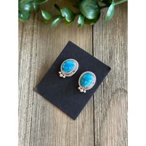Navajo Handmade Kingman Turquoise & Sterling <b>Silver</b> <b>Stud</b> <b>Earrings</b> - Product Image 3