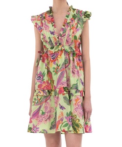Robe mini décontractée en mousseline à imprimé floral, sans manches, coupe trapèze, avec volants, col en V, taille empire, 120g, style vacances d'été - Product Image 3