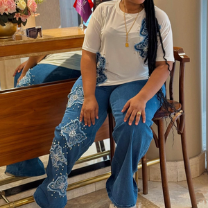 <strong>Plus</strong> <strong>Size</strong> Women's High Waist Wide-Leg Jeans Eco-friendly Exquisite Floral Embroidery Beadwork Stylish <strong>Denim</strong> Casual Daily Wear - Product Image 4