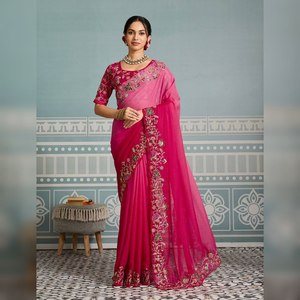 Thiết Kế Mới Màu Trắng Màu Xanh Lá Cây Fox Georgette Thêu <span class=keywords><strong>Saree</strong></span> Ruffle Phong Cách Sequin Làm Việc Wedding Party Ấn Độ Pakistan Nhanh Chóng Khô - Product Image 1