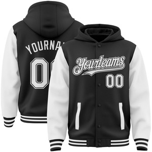 Industria directa al por mayor Casual invierno personalizado negro blanco bombardero Full-Snap Varsity Letterman dos tonos chaqueta con capucha - Product Image 1