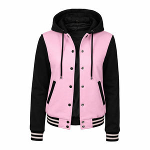 Blouson universitaire personnalisé 2026 pour femme, rose et noir, à capuche, boutonné, style baseball, avec poignets côtelés, streetwear décontracté, veste d'hiver - Product Image 1