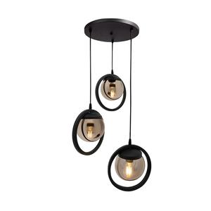 Anello 3 pezzo vassoio. Glop lampadario nero con vetro affumicato. Soggiorno, cucina, adolescente, stanza, camera da letto, negozio