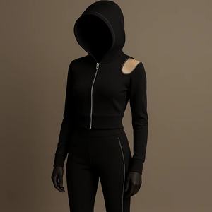 Ensemble de survêtement décontracté pour femme, imprimé, bleu, hiver, uni, athleisure, avec sweat à capuche zippé et pantalon évasé à épaules découpées - Product Image 1