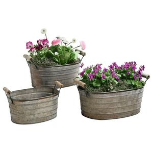 Jardinière en métal galvanisé avec poignées pour la maison, l'extérieur et le jardin Jardinières décoratives de forme ovale - Product Image 6