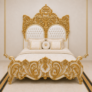 Juego de Dormitorio de Madera de Teca Hecho a Mano Estilo Turco con Acabado en Blanco y Dorado, Compre Cama King Size con Mesitas de Noche, Muebles Premium para el Hogar - Product Image 2