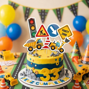 Juego de 7 Adornos de Madera para Pastel, Reutilizables, Decoración para Fiestas de Cumpleaños Infantiles, Tema de Camiones, Excavadoras y Señales de Tráfico - Product Image 3