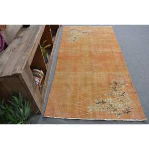 Tapis turc vintage 3,4 x 6,6 pieds, motif patchwork orange, en laine, latex, salle à manger, rectangulaire, écologique, poils moyens - Product Image 3