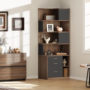 Libreria Angolare a L in Legno di Noce, Scaffale Geometrico Asimmetrico Alto con 3 Cassetti, Vetrina per Ufficio e Casa - Product Image 4