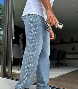 Venta al por mayor personalizado Vintage desgastado lavado lado Rhinestone alto holgado de gran tamaño Vintage VVS Jeans para hombres - Product Image 5