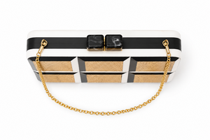 Pochette de soirée élégante en bois et résine, motif géométrique noir et blanc, fabriquée à la main, avec chaîne dorée - Product Image 2