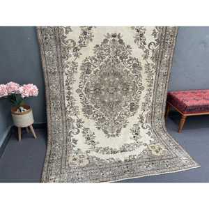 Vintage Turkish Rug, 5.4x8.6 ft Rug, <b>Brown</b> Gray Plants & trees <b>Wool</b> Rug - Product Image 2