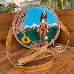 Custom Hot Selling Leather Sling Bag Cowhide Tooled Leather Round Handbag Women Carving Leather Shoulder Sling Bag Canteen Bags - Product Image 1