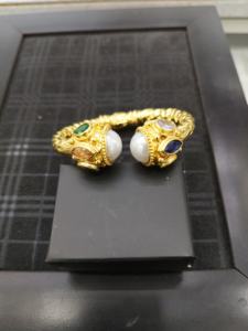 Byzantine Style Open <b>Bangle</b> <b>Bracelet</b> Gold Tone with Red Gemstone Handmade Luxury Jewelry - Product Image 2