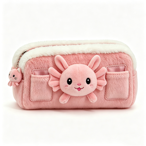 Étui à crayons en peluche axolotl rose personnalisé, adorable trousse à crayons en peluche axolotl avec breloque, grande capacité, axolotl en peluche moelleux - Product Image 1