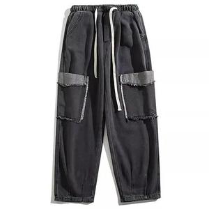 Custom Men's Y2K Loose Raw Edge Enzyme Washed 100% Cotton Pantalones vaqueros de cintura media Medium Black para primavera Botón de mezclilla transpirable para - Product Image 1