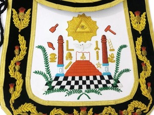 Masonic Past Master Blue Lodge Apron with Custom Embroidery 3D Design Black Chenille Gold <b>Braid</b> <b>Cord</b> Tassels Extender Belt - Product Image 5
