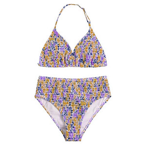 Ensemble de bikini smocké imprimé pour femme, haut triangle dos nu, bas taille haute extensible, maillot de bain deux pièces, tenue de plage florale OEM - Product Image 2