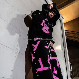 Conjunto Deportivo Personalizado de Invierno para Calle, Unisex, con Capucha, de Felpa, Algodón, con Pedrería, Lavado Ácido, Pantalones Deportivos - Product Image 5