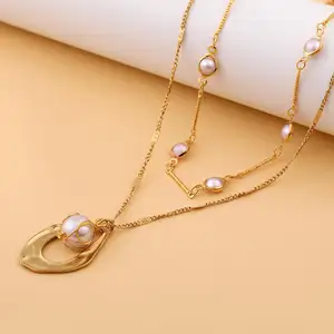Paslanmaz Celik双层不规则形状珍珠项链Colares Atacado精致18k镀金项链