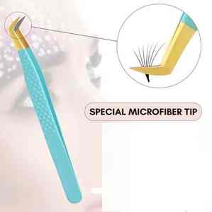 Wholesale Stainless Steel Eyelash <b>Tweezers</b> Tools Fiber Tip Grafted Lash <b>Tweezers</b> for Eyelash Extension Gold with Turquoise Color - Product Image 2