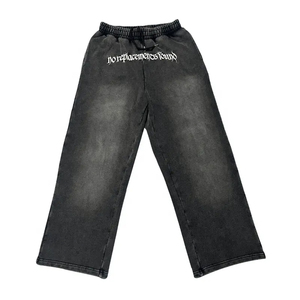 Pantalones Deportivos Casuales Negros Vintage Personalizados de Hip Hop para Hombre, Bordado 3D, Felpa Francesa, Holgados, Acampanados, Lavado Ácido, Decolorados por el Sol, Ecológicos - Product Image 1