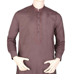 Shalwar Kameez Bordado con Cuello de Banda para Hombre - Color Café - Product Image 3
