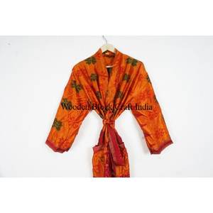 Designer Floral Print Vintage Silk Sari Kimono <b>Robe</b> Casual Summer Intimates <b>Beach</b> Nightgown Floor-Length Kimono <b>Robe</b> - Product Image 1