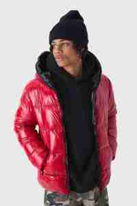Best Selling Zip Hood Canvas High Shine Puffer <b>Jacket</b> Red Windproof Warm Winter New Style Quilted Bubble <b>Fur</b> <b>Men's</b> - Product Image 4