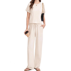 Women's Soft <b>Lounge</b> wear <b>Set</b> Relaxed Short Sleeve Top Straight Pants Comfortable Casual <b>Two</b> <b>Piece</b> Outfit - Product Image 1