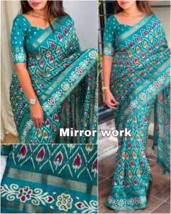 Robe étonnante belle couleur pure Georgette Saree Blouse avec impression Zari Weaving Border Gotta Patti Mirror Work Woman Fashion - Product Image 3
