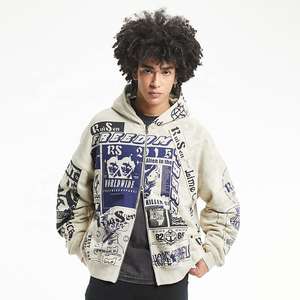 Personnalisable Vintage All-Over Print Hommes Sweat 100% Coton Hiver Beige Polaire À Capuche avec Fermeture Éclair Bidirectionnelle Style Coréen - Product Image 1