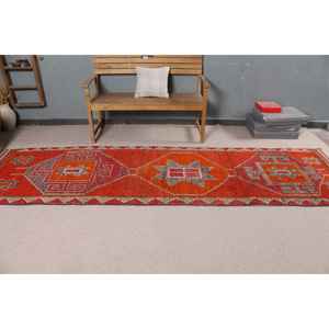 3.2x11.2 ft Turkish Rug, <b>Runner</b> Vintage Rug, <b>Red</b> Ikat Rug - Product Image 2