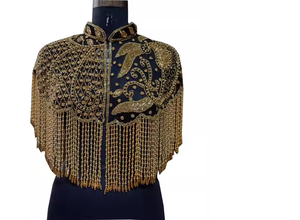 Cape de burlesque à paillettes et perles, avec franges tombantes, s'attachant au cou, magnifique vêtement festif, capes de festival en polyester pour adulte - Product Image 3