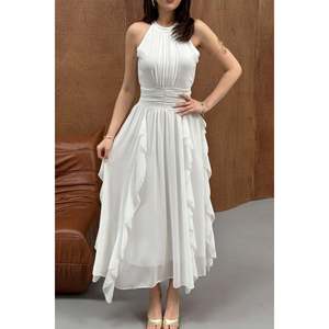 Vestido Blanco con Frente Fruncido y Volantes - Blanco - Product Image 4
