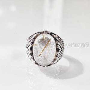 Bague en argent sterling 925 pour homme, avec pierre précieuse naturelle quartz rutile doré, pierre de naissance de avril, bijoux arabes vintage, vente en gros - Product Image 4
