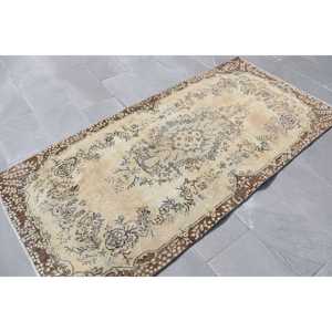 Vintage Rug, 3.6x7.4 ft Area Rug, <b>Brown</b> Solid <b>Wool</b> Turkish Rug - Product Image 4