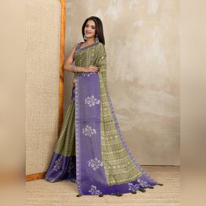 Sari en soie Anmol imprimé bicolore vert olive et violet, motif GG-462, magnifique, best-seller - Product Image 4