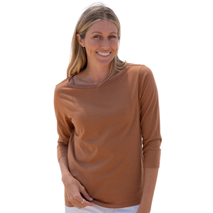 T-shirt pour femme en coton biologique de luxe 100% certifié GOTS, coupe classique, doux, pré-rétréci, manches 3/4, col bateau - Product Image 4