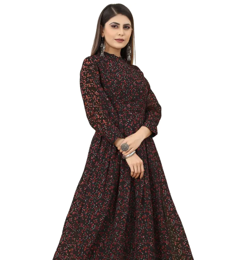 New Arrivals Summer Wholesale Dress Georgette Black Flower Print Long Party Wear Gown For Women Latest Design for Trendy Look