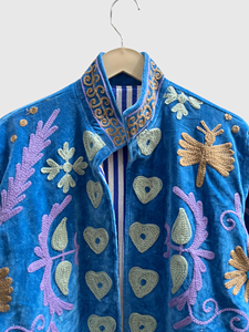 Blue Velvet Embroidered Jacket Mandarin Collar Full Sleeve Plus Size Women'<b>s</b> Floral Pattern Hand Embroidery Autumn Wear - Product Image 5