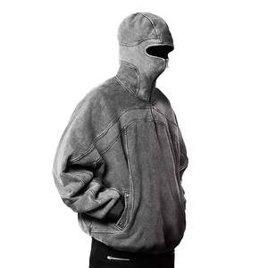 Pull à capuche vintage blanc à épaules tombantes personnalisé pour hommes, lavage à l'acide, Ninja, sweat à capuche zippé avec trous pour les yeux, vente en gros sur mesure - Product Image 4