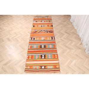 Vintage Turkish Rug, 3x10.5 ft <b>Runner</b> Rug, Orange <b>Green</b> Floral Wool Rug - Product Image 2