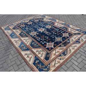 Alfombra Turca Vintage, Alfombra Extra Grande de 8.7x10.7 pies, Alfombra Ikat Azul y Roja - Product Image 1