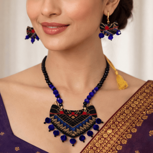 Handmade Traditional Gamusa Blue Black Muga Silk Necklace <b>Set</b> Fine Jewelry with Tribal Design - Product Image 4