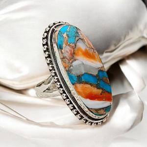 Oval Spiny Oyster Copper <b>Turquoise</b> <b>Ring</b> 925 Sterling Silver Handmade Boho Gift Jewelry for Women - Product Image 3