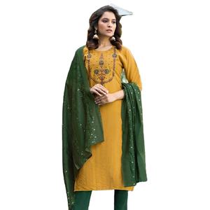 Ensemble Kurti et Dupatta pour femme, multicolore, en tissu slub fantaisie brodé, style chandelier, prêt-à-porter, vêtements indiens et pakistanais - Product Image 1
