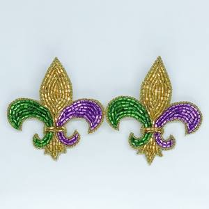 Mardi Gras fleur de lis, pendientes bordados con cuentas de semillas de lentejuelas de India, pendientes hechos a mano para mujeres y niñas - Product Image 4