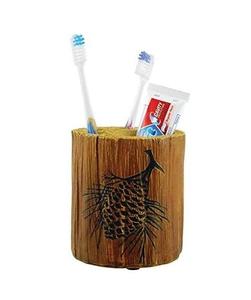 Porte-brosse à dents bûche en bois avec pomme de pin pour brosses et dentifrice, bois d'acacia, 4x3 pouces, naturel - Product Image 1