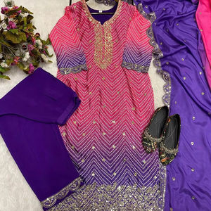 ผ้าไหมแฟนซีพิมพ์ลายและลำดับงานปักด้านบนและกางเกงกับ dupatta - Product Image 1